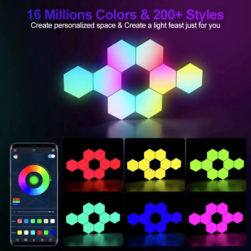 RGB LED Hexagon Light Bluetooth Honeycomb Wall Lamp Remote Control Night Light for Computer Game Room Decoration Bedroom Bedside